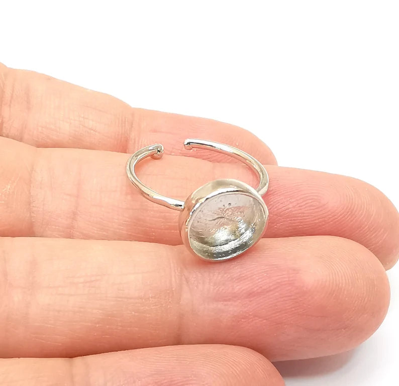 Shiny Silver Round Ring Setting, Cabochon Blank, Resin Bezel, Ring Mounting, Epoxy Frame Base, Adjustable Rhodium Plated Brass 10mm G35673