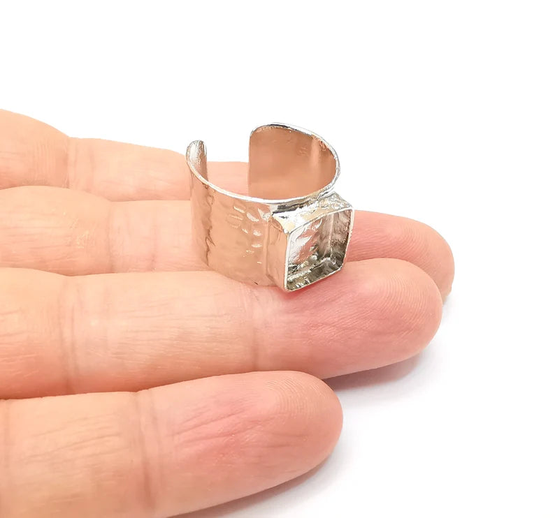 Shiny Silver Square Ring Setting, Cabochon Blank, Resin Bezel, Ring Mounting, Epoxy Frame Base, Adjustable Rhodium Plated Brass 10mm G35674