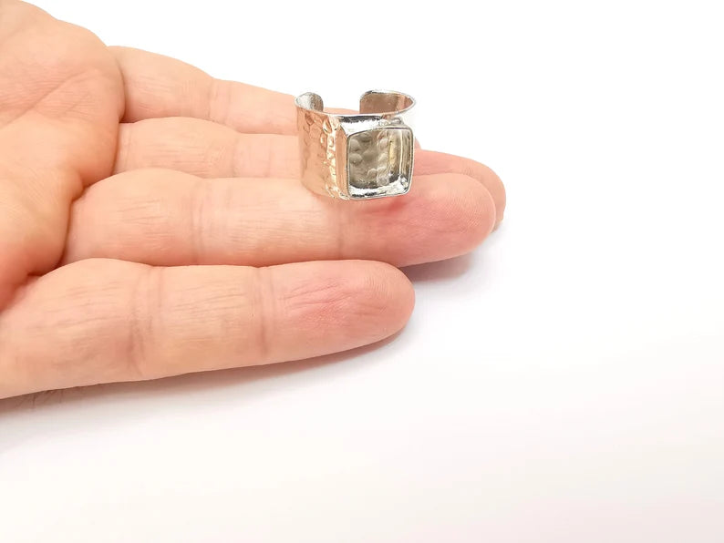 Shiny Silver Square Ring Setting, Cabochon Blank, Resin Bezel, Ring Mounting, Epoxy Frame Base, Adjustable Rhodium Plated Brass 10mm G35674