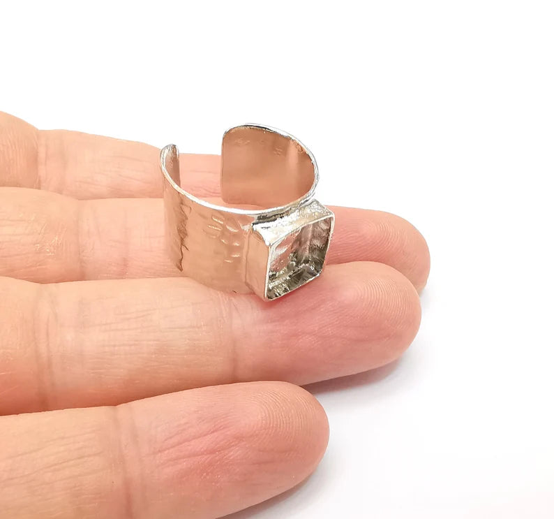 Shiny Silver Square Ring Setting, Cabochon Blank, Resin Bezel, Ring Mounting, Epoxy Frame Base, Adjustable Rhodium Plated Brass 10mm G35674