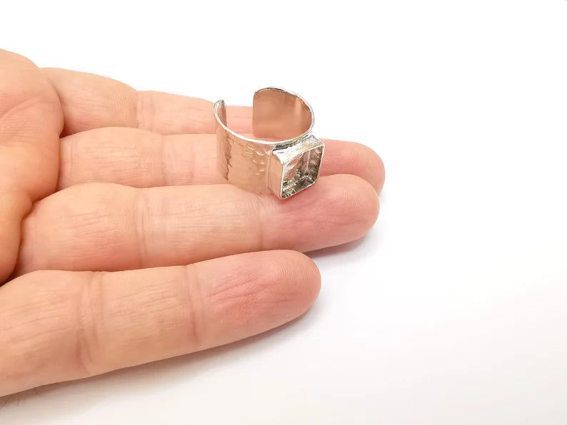 Shiny Silver Square Ring Setting, Cabochon Blank, Resin Bezel, Ring Mounting, Epoxy Frame Base, Adjustable Rhodium Plated Brass 10mm G35674