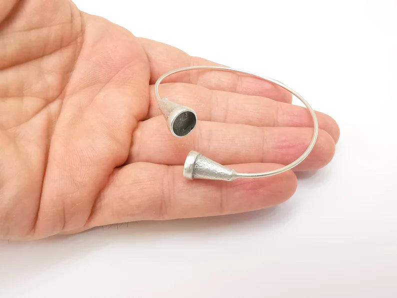 Wire Wrapped Ball Bracelet, Silver Cuff, Bangle Bezel, Resin Blank, Wristband Cabochon Base, Adjustable Antique Silver Brass (8mm) G35676