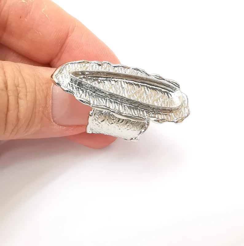 Shiny Silver Teardrop Ring Setting, Cabochon Blank, Resin Bezel Mounting, Epoxy Frame Base, Adjustable Rhodium Plated Brass 33x8mm G35677