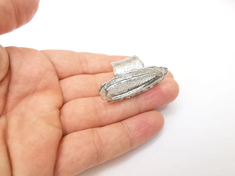 Shiny Silver Teardrop Ring Setting, Cabochon Blank, Resin Bezel Mounting, Epoxy Frame Base, Adjustable Rhodium Plated Brass 33x8mm G35677