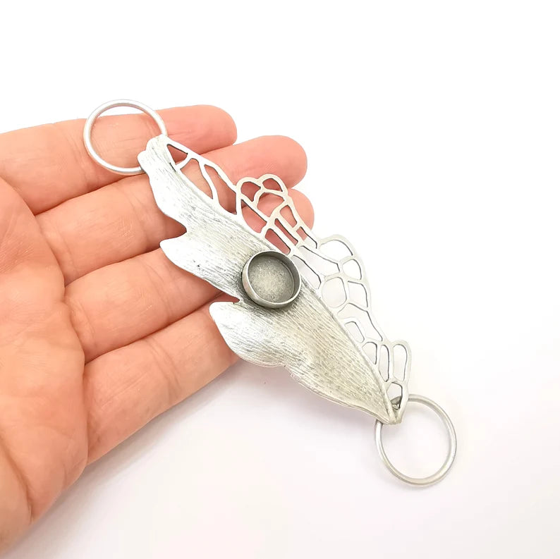 Large Leaf Collar Pendant Connector, Cabochon Blank, Locket Pendant Base, Resin Necklace, Antique Silver Plated Brass 131x48mm G35678
