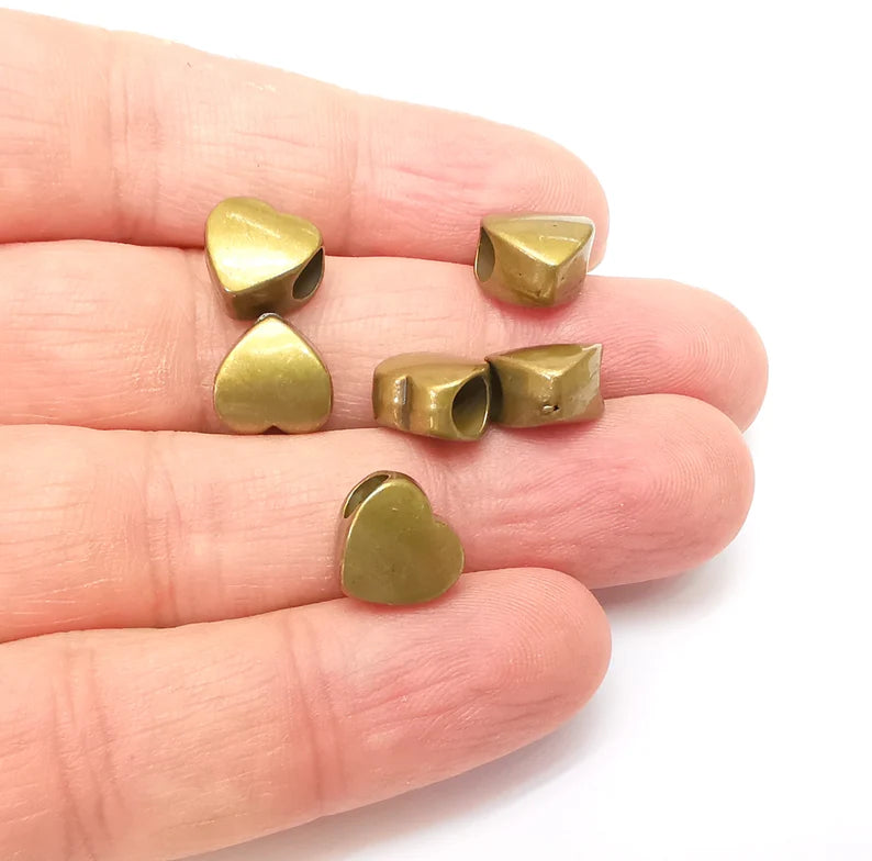 5 Heart Beads, Bronze Beads, Bracelet Beads, Large Hole Beads, Necklace Beads, Antique Bronze Plated Metal 10mm G35679