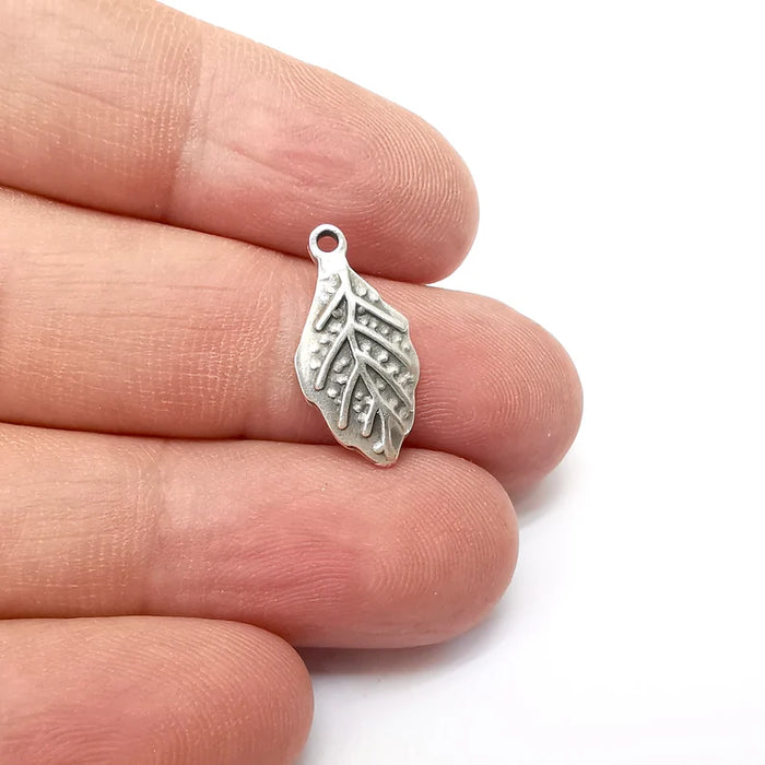 10 Silver Leaf Charms, Dangle Charms, Nature Earring Charms, Silver Rustic Pendant, Necklace Parts, Antique Silver Plated 20x10mm G35691