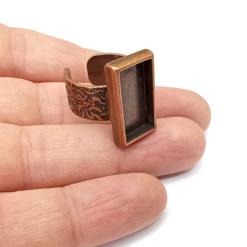 Copper Ring Setting, Cabochon Blank, Resin Bezel, Rectangle Ring Mounting, Epoxy Frame Base, Adjustable Antique Copper Plated 20x10mm G35537