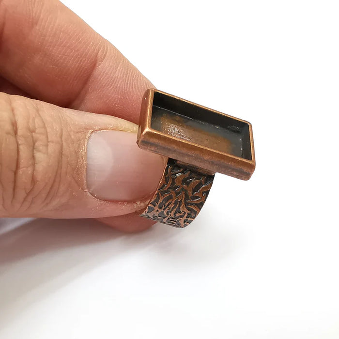 Copper Ring Setting, Cabochon Blank, Resin Bezel, Rectangle Ring Mounting, Epoxy Frame Base, Adjustable Antique Copper Plated 20x10mm G35537