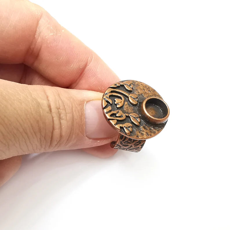 Flower Copper Ring Setting, Cabochon Blank, Resin Bezel, Round Ring Mounting, Epoxy Frame Base, Adjustable Antique Copper Plated 8mm G35698