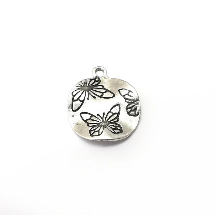 5 Butterfly Charms, Curvy Disc Charm, Round Charm, Earring Charm, Silver Pendant, Necklace Parts, Antique Silver Plated 21x17mm G35700