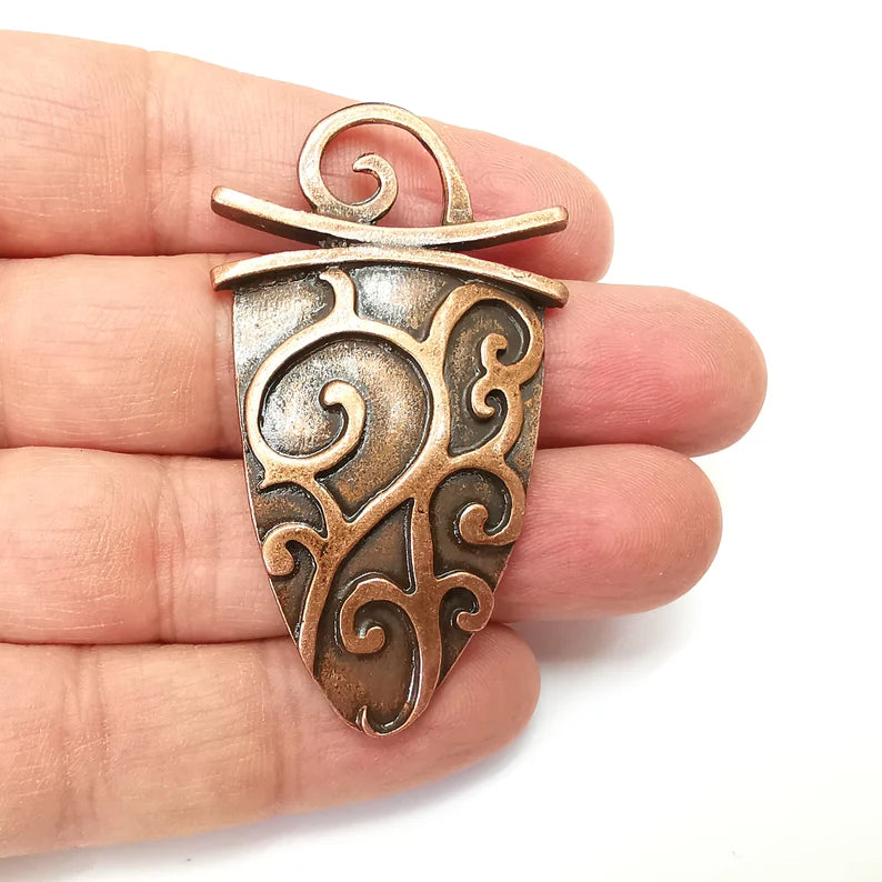 Copper Dangle Pendant, Rustic Pendant, Boho Charm, Earring Charm, Copper Pendant, Necklace Parts, Antique Copper Plated 62x35mm G35549