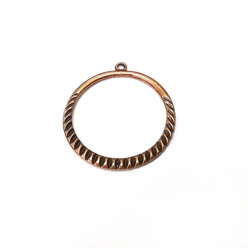 2 Copper Ribbed Hoop Charms , Round Charms , Boho Charm, Earring Charm, Copper Charms , Necklace Parts, Antique Copper Plated 36x33mm G35557