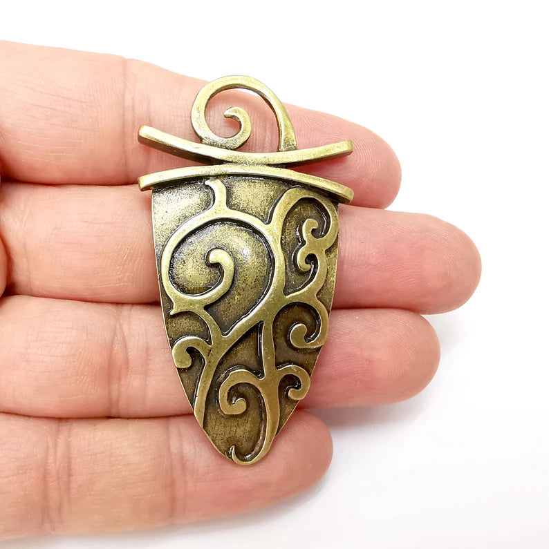Bronze Dangle Pendant, Rustic Pendant, Boho Charm, Earring Charm, Bronze Pendant, Necklace Parts, Antique Bronze Plated 62x35mm G35559