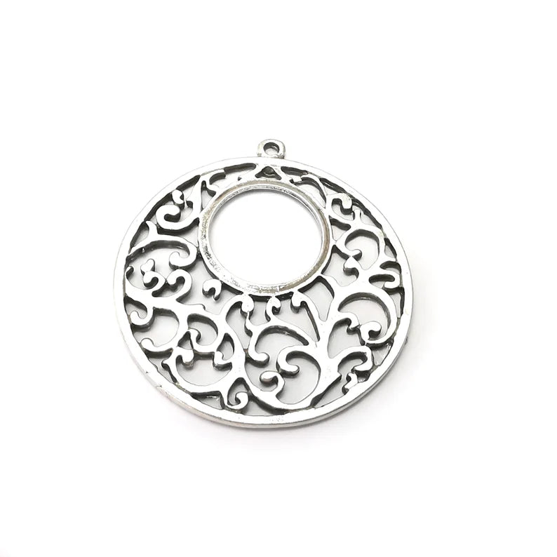 Branch Dangle Charms, Round Charms, Filigree Charms, Earring Charms, Silver Pendant, Necklace Parts, Antique Silver Plated 43x40mm G35714