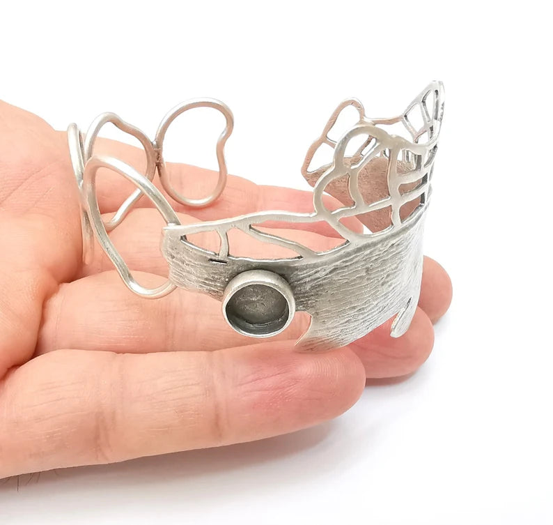 Leaf Bracelet, Leaf Branch Cuff, Large Bangle Bezel, Resin Blank, Wristband Cabochon Base, Adjustable Antique Silver Brass (10mm) G35718