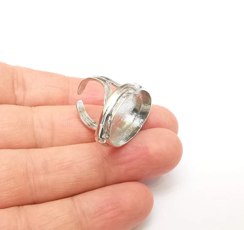 Shiny Silver Oval Ring Setting, Cabochon Blank, Resin Bezel, Ring Mounting, Epoxy Frame Base, Adjustable Rhodium Plated Brass 25x18mm G35719