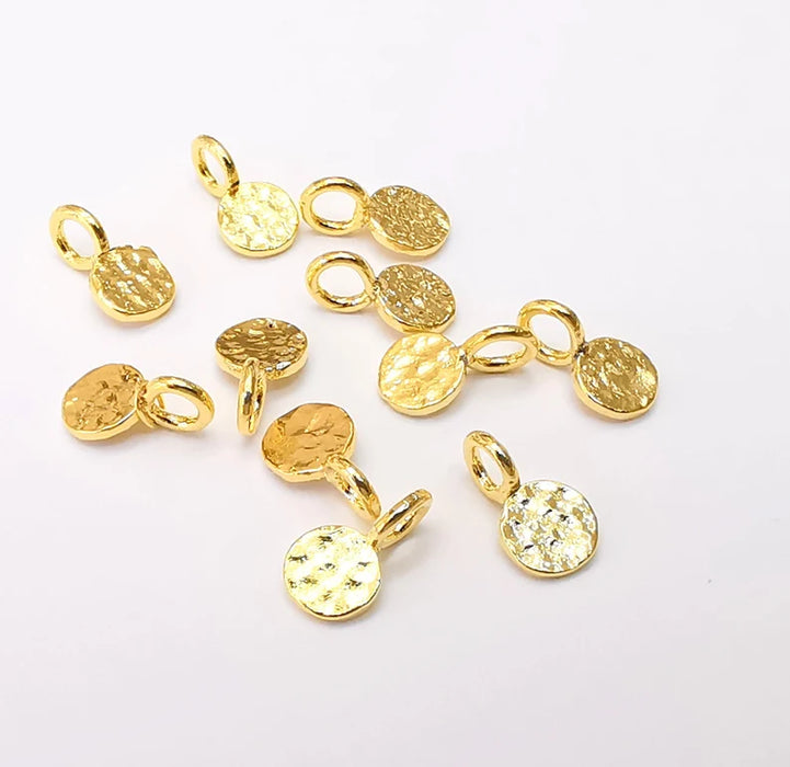 10 Hammered Stamping Tag Charms, Shiny Gold Plated Charms, Jewelry Parts, Hammered Bracelet Component, Shiny Gold Plated Brass (6mm) G35725