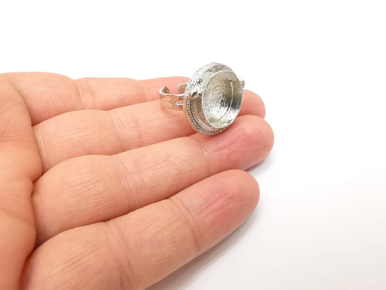 Shiny Silver Round Ring Setting, Cabochon Blank, Resin Bezel, Ring Mounting, Epoxy Frame Base, Adjustable Rhodium Plated Brass 16mm G35728