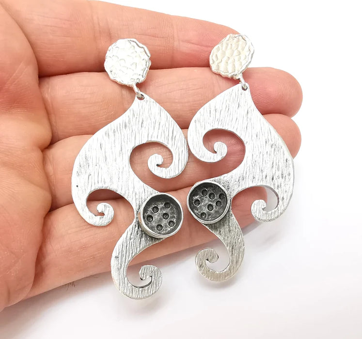 Wave Earring Base, Leaf Earring Blank, Ear Settings Bezel, Resin Blank, Cabochon Mounting, Antique Silver Plated Brass (10mm blanks) G35566