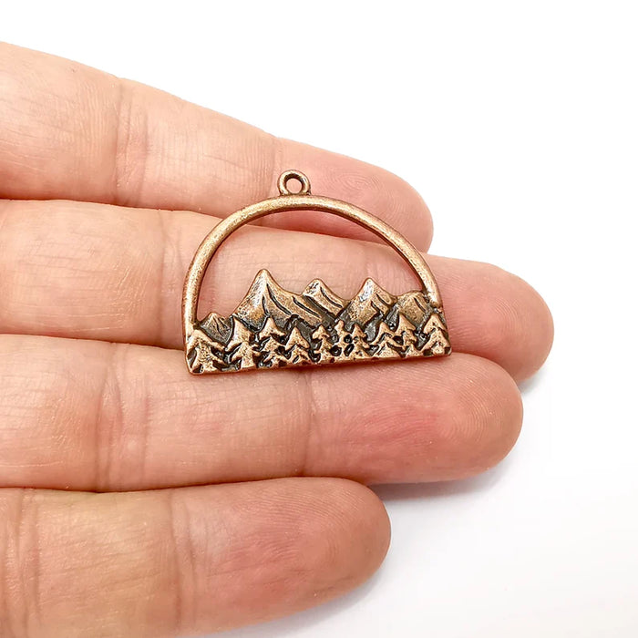 Landscape Charms, Mountains, Trees, Tree Mountain Charms, Forest Pendant, Earring Charms, Antique Copper Plated (35x28mm) G35567