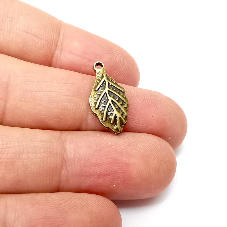 10 Bronze Leaf Charms, Dangle Charms, Nature Earring Charms, Bronze Rustic Pendant, Necklace Parts, Antique Bronze Plated 20x10mm G35577