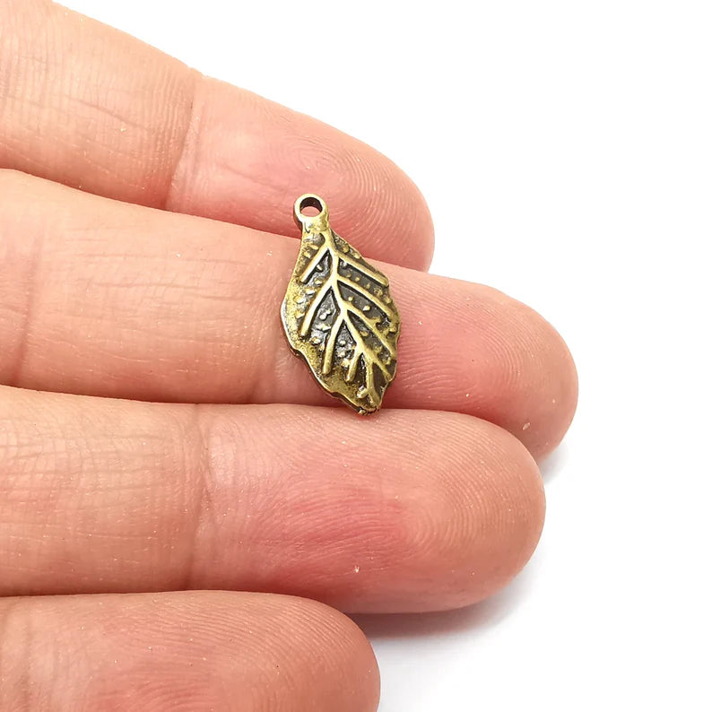 10 Bronze Leaf Charms, Dangle Charms, Nature Earring Charms, Bronze Rustic Pendant, Necklace Parts, Antique Bronze Plated 20x10mm G35577