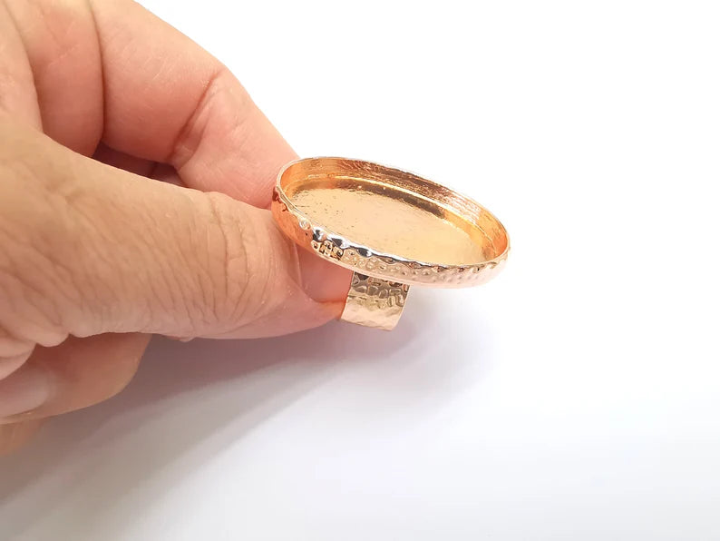 Rose Gold Ring Blank Setting Cabochon Base inlay Ring Hammered Mounting Adjustable Ring Bezel (40x30mm blank ) Rose Gold Plated Metal G35732