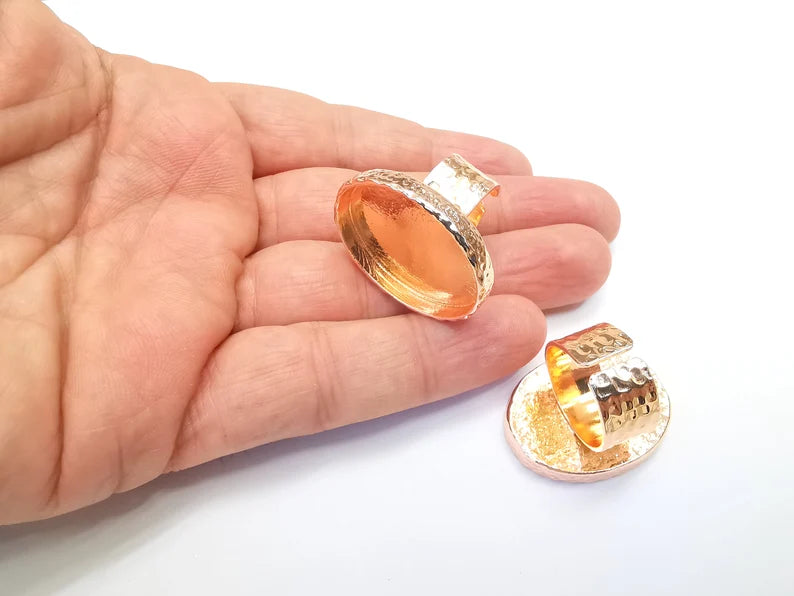 Rose Gold Ring Blank Setting Cabochon Base inlay Ring Hammered Mounting Adjustable Ring Bezel (30x22mm blank ) Rose Gold Plated Metal G35734