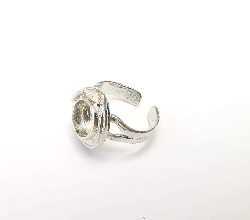 Shiny Silver Round Ring Setting, Cabochon Blank, Resin Bezel, Ring Mounting, Epoxy Frame Base, Adjustable Rhodium Plated Brass 10mm G35735