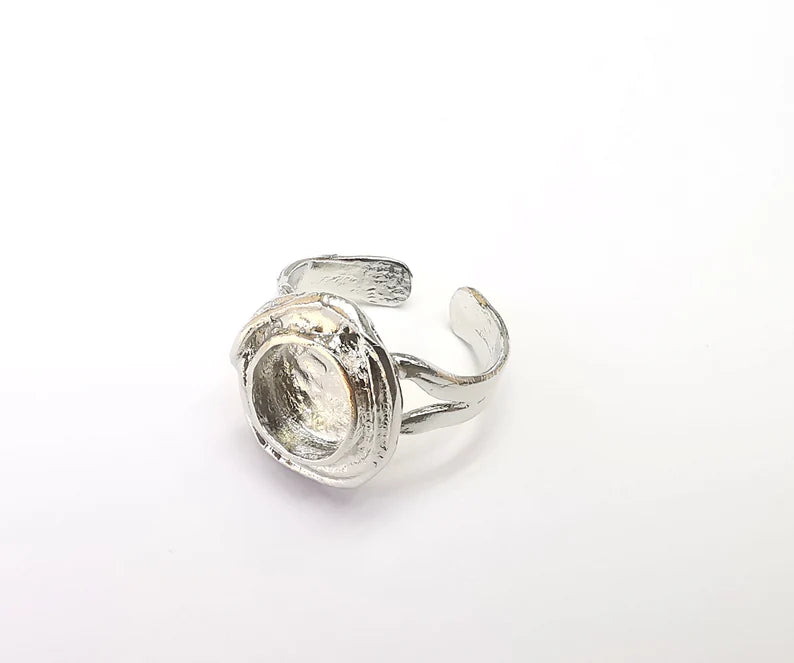 Shiny Silver Round Ring Setting, Cabochon Blank, Resin Bezel, Ring Mounting, Epoxy Frame Base, Adjustable Rhodium Plated Brass 10mm G35735