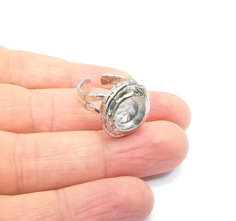 Shiny Silver Round Ring Setting, Cabochon Blank, Resin Bezel, Ring Mounting, Epoxy Frame Base, Adjustable Rhodium Plated Brass 10mm G35735