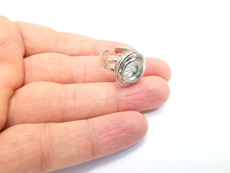 Shiny Silver Round Ring Setting, Cabochon Blank, Resin Bezel, Ring Mounting, Epoxy Frame Base, Adjustable Rhodium Plated Brass 10mm G35805