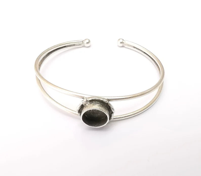 Wire Wrapped Ball Bracelet, Silver Cuff, Bangle Bezel, Resin Blank, Wristband Cabochon Base, Adjustable Antique Silver Brass (10mm) G35587