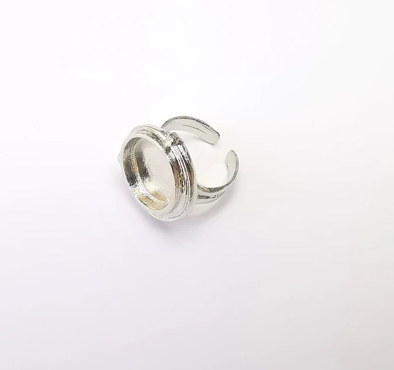 Shiny Silver Round Ring Setting, Cabochon Blank, Resin Bezel, Ring Mounting, Epoxy Frame Base, Adjustable Rhodium Plated Brass 15mm G35745