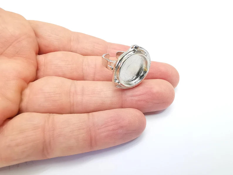 Shiny Silver Round Ring Setting, Cabochon Blank, Resin Bezel, Ring Mounting, Epoxy Frame Base, Adjustable Rhodium Plated Brass 15mm G35745