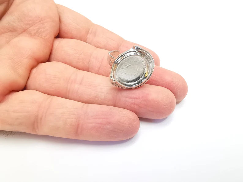 Shiny Silver Round Ring Setting, Cabochon Blank, Resin Bezel, Ring Mounting, Epoxy Frame Base, Adjustable Rhodium Plated Brass 15mm G35745