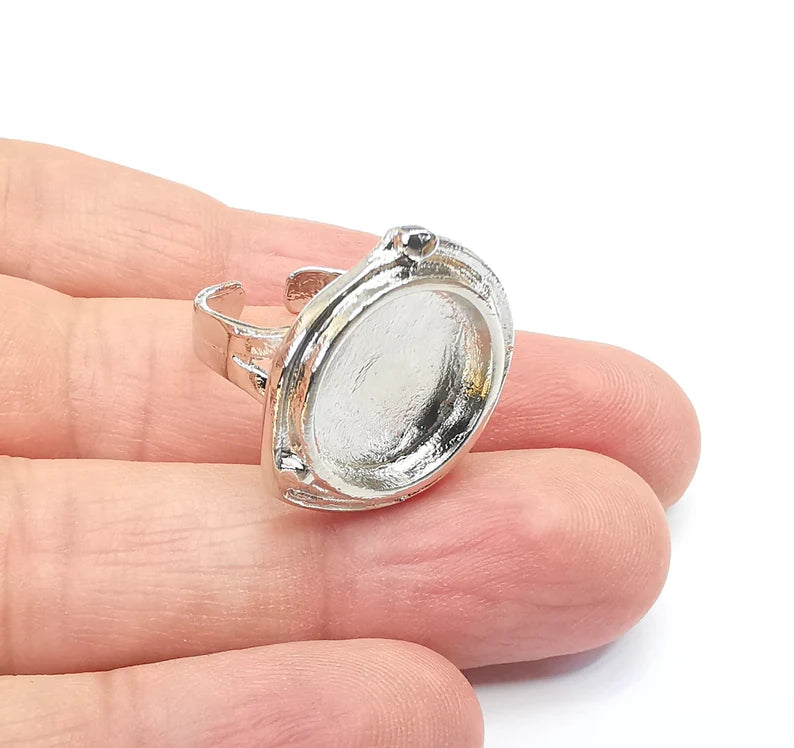 Shiny Silver Round Ring Setting, Cabochon Blank, Resin Bezel, Ring Mounting, Epoxy Frame Base, Adjustable Rhodium Plated Brass 15mm G35745