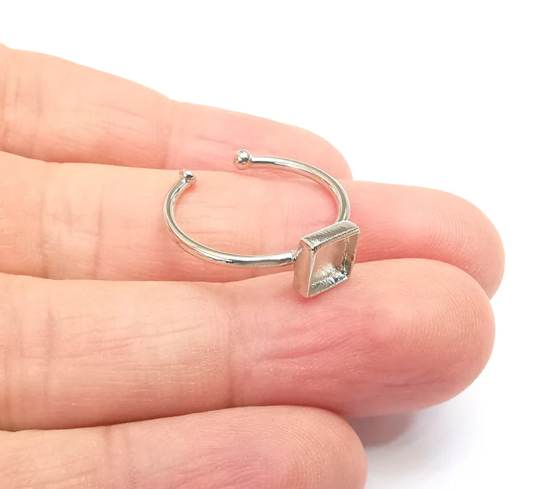 Shiny Silver Square Ring Setting, Cabochon Blank, Resin Bezel, Ring Mounting, Epoxy Frame Base, Adjustable Rhodium Plated Brass 6mm G35747