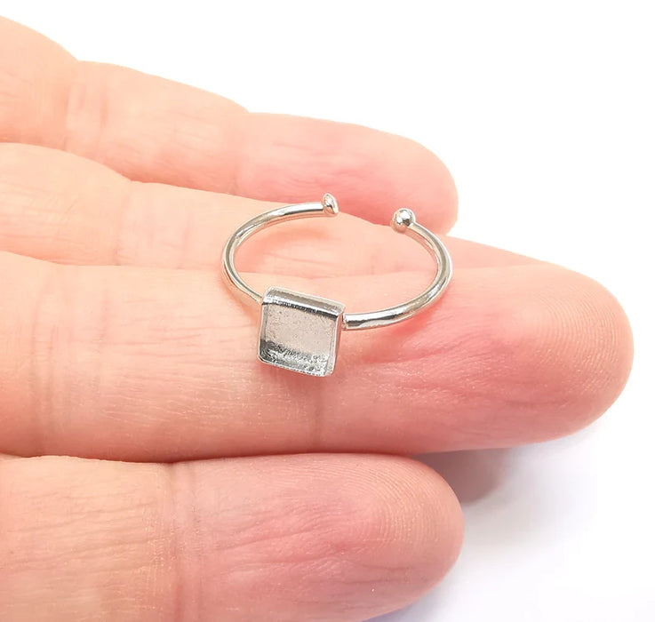 Shiny Silver Square Ring Setting, Cabochon Blank, Resin Bezel, Ring Mounting, Epoxy Frame Base, Adjustable Rhodium Plated Brass 6mm G35747