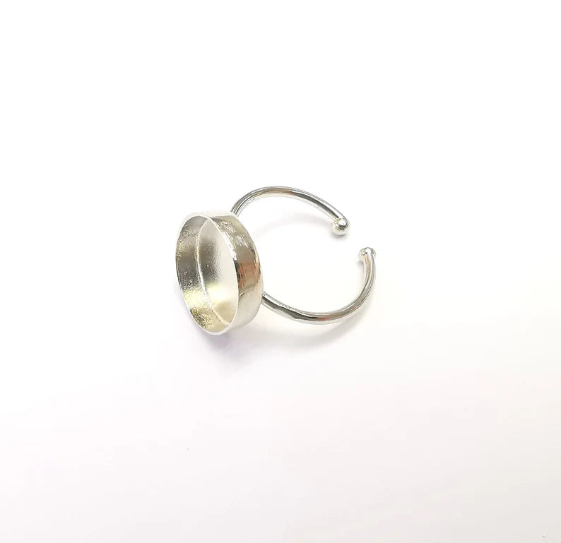 Shiny Silver Round Ring Setting, Cabochon Blank, Resin Bezel, Ring Mounting, Epoxy Frame Base, Adjustable Rhodium Plated Brass 14mm G35751