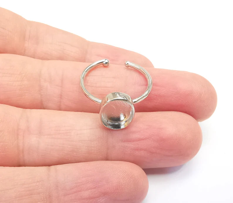 Shiny Silver Oval Ring Setting, Cabochon Blank, Resin Bezel, Ring Mounting, Epoxy Frame Base, Adjustable Rhodium Plated Brass 11x8mm G35758