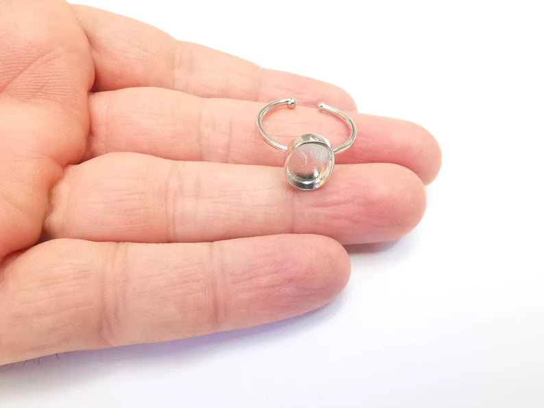 Shiny Silver Oval Ring Setting, Cabochon Blank, Resin Bezel, Ring Mounting, Epoxy Frame Base, Adjustable Rhodium Plated Brass 11x8mm G35758