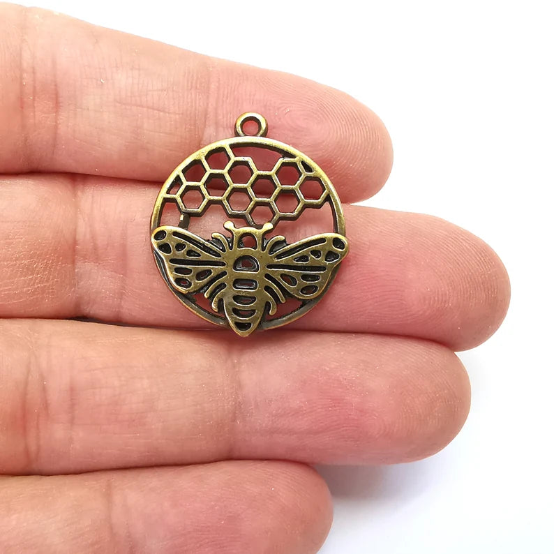 Bee Comb Charms, Nature Charms, Dangle Earring Charms, Bronze Pendant, Necklace Parts, Antique Bronze Plated 28x24mm G35763
