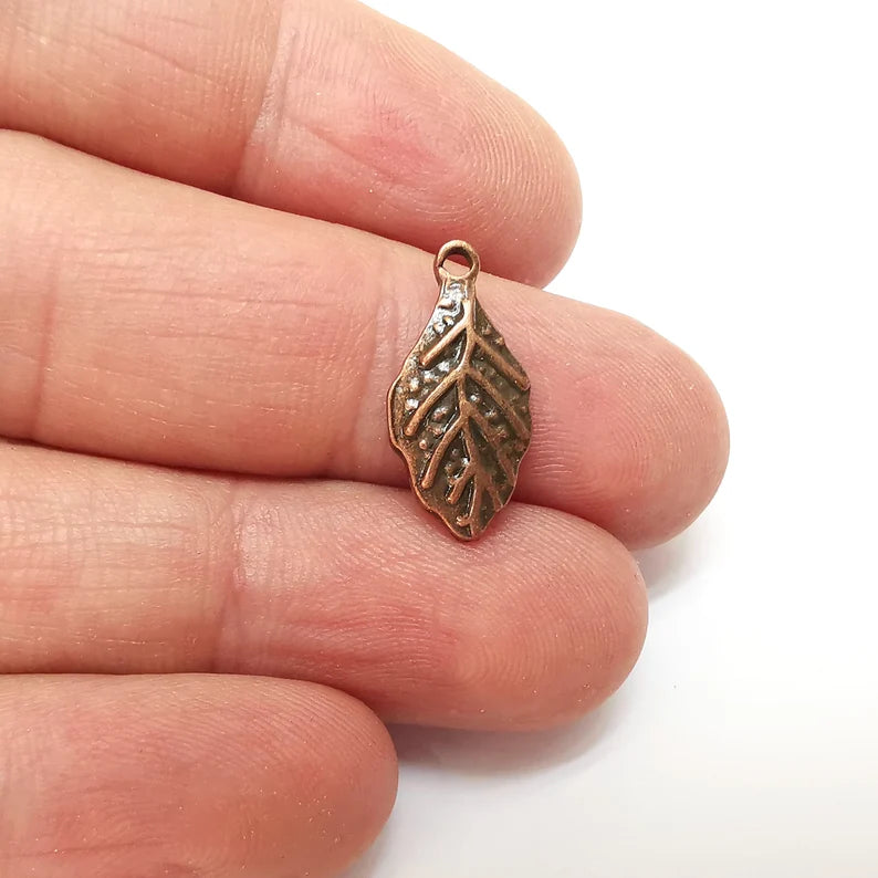 10 Copper Leaf Charms, Dangle Charms, Nature Earring Charms, Copper Rustic Pendant, Necklace Parts, Antique Copper Plated 20x10mm G35598