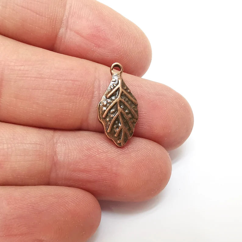 10 Copper Leaf Charms, Dangle Charms, Nature Earring Charms, Copper Rustic Pendant, Necklace Parts, Antique Copper Plated 20x10mm G35598