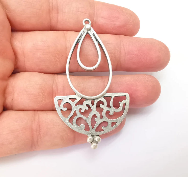 Silver Rustic Charms, Hammered Boho Charm, Ethnic Charm, Earring Charm, Silver Pendant, Necklace Parts, Antique Silver Plated 64x36mm G35778