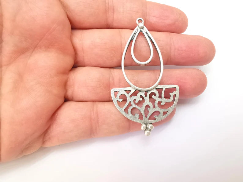 Silver Rustic Charms, Hammered Boho Charm, Ethnic Charm, Earring Charm, Silver Pendant, Necklace Parts, Antique Silver Plated 64x36mm G35778