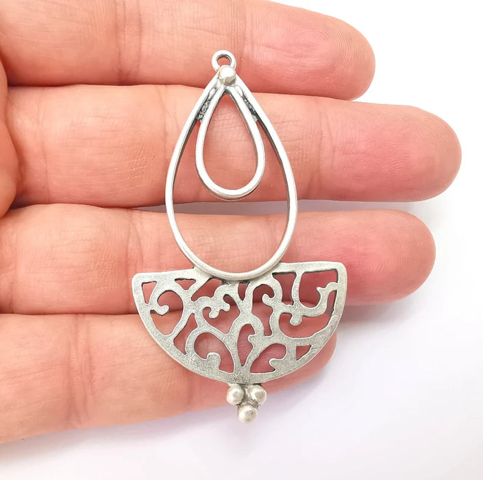 Silver Rustic Charms, Hammered Boho Charm, Ethnic Charm, Earring Charm, Silver Pendant, Necklace Parts, Antique Silver Plated 64x36mm G35778