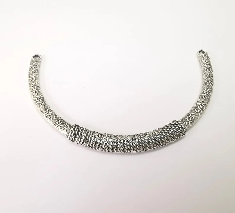 Silver Rustic Charms, Boho Collar Pendant, Ethnic Pendant, Large Silver Pendant, Necklace Parts, Antique Silver Plated 110x8mm G35781